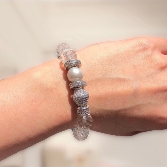 Pave Cubic Zirconia, Pearl, Heavyweight Crystal, & Silver Stretch Bracelet - Picture 5 of 5
